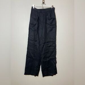 NEW Calme S Wide Leg Relaxed Linen Pants Black Side Slit Big Pockets